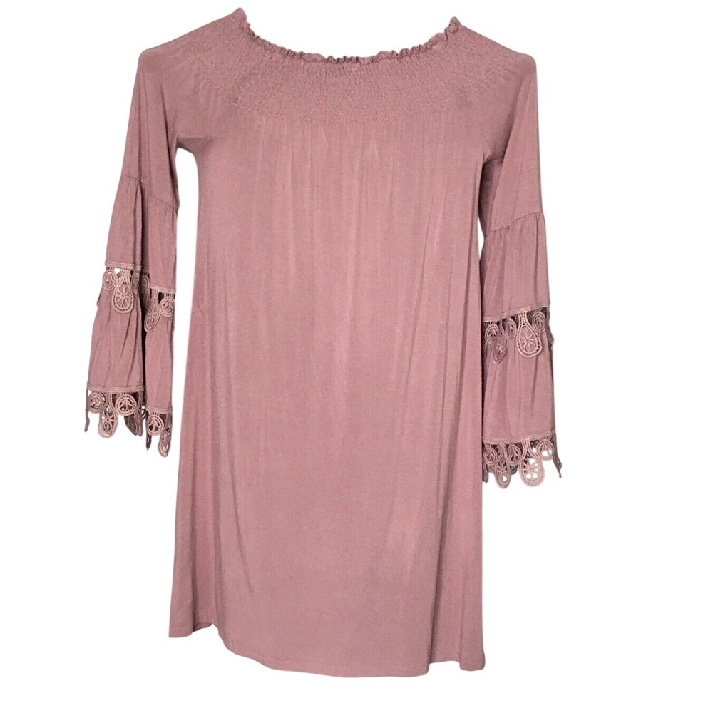 Lapis Womens Off shoulder Dress Old Rose Color Size Med Midi‎ Crocheted Sleeves